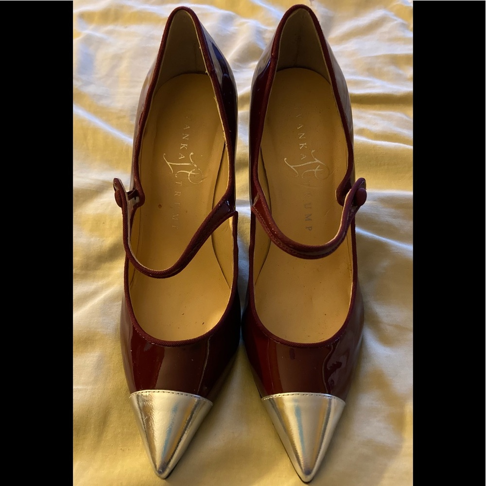 Ivanka Trump Burgundy & Silver Patent Leather Strap Stilettos in 5 1/2 M